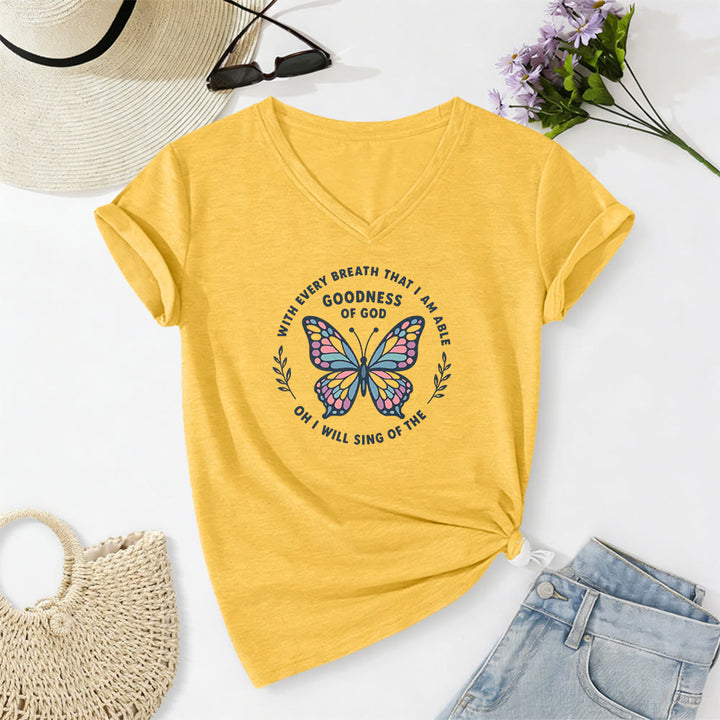 Christianartworkshop Besinge die Güte Gottes – Lässiges T-Shirt mit Schmetterlingsprint und V-Ausschnitt - Gelb - 2XL - image 4