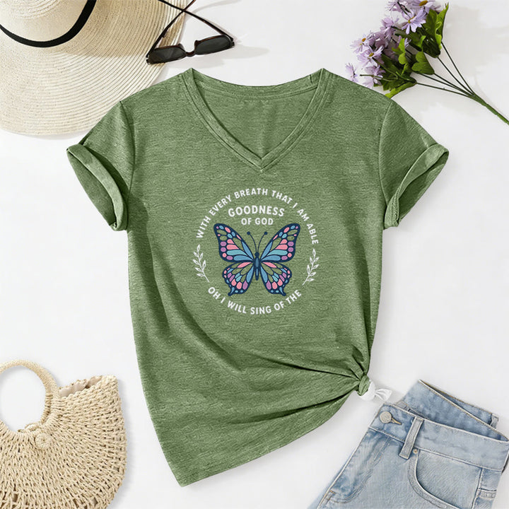 Christianartworkshop Besinge die Güte Gottes – Lässiges T-Shirt mit Schmetterlingsprint und V-Ausschnitt - Olivgrün - 2XL - image 6
