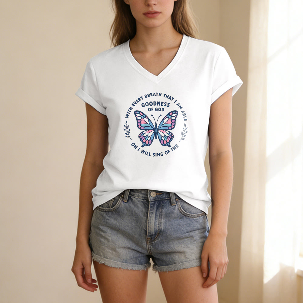 Christianartworkshop Besinge die Güte Gottes – Lässiges T-Shirt mit Schmetterlingsprint und V-Ausschnitt - image 9