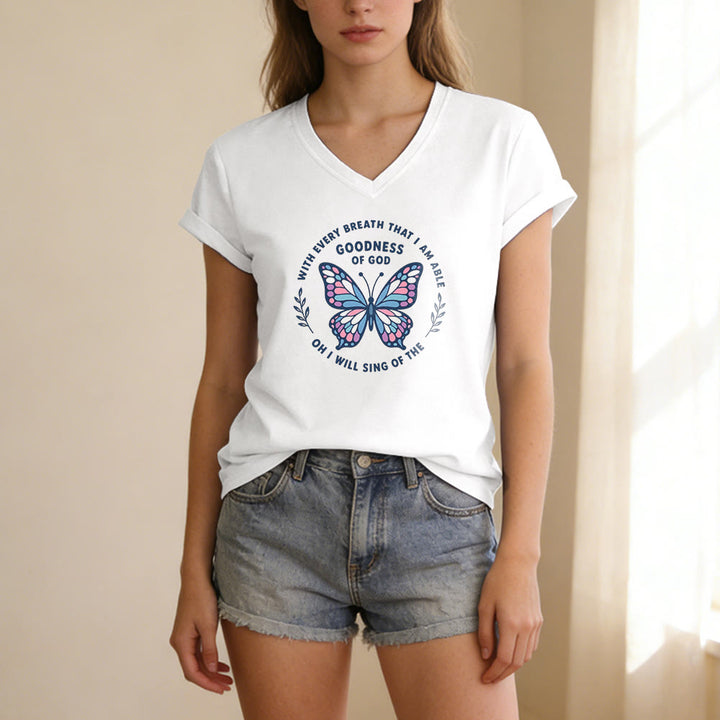 Christianartworkshop Besinge die Güte Gottes – Lässiges T-Shirt mit Schmetterlingsprint und V-Ausschnitt - image 9