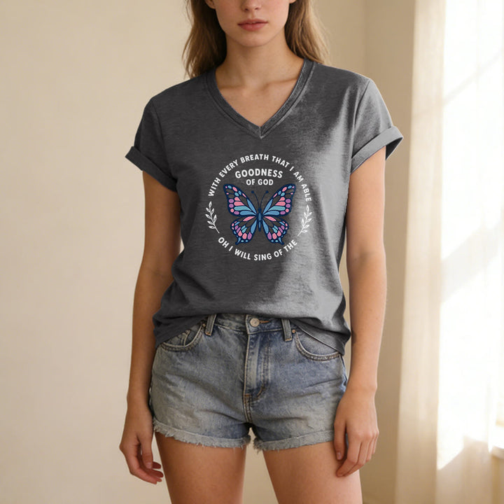Christianartworkshop Besinge die Güte Gottes – Lässiges T-Shirt mit Schmetterlingsprint und V-Ausschnitt - image 21