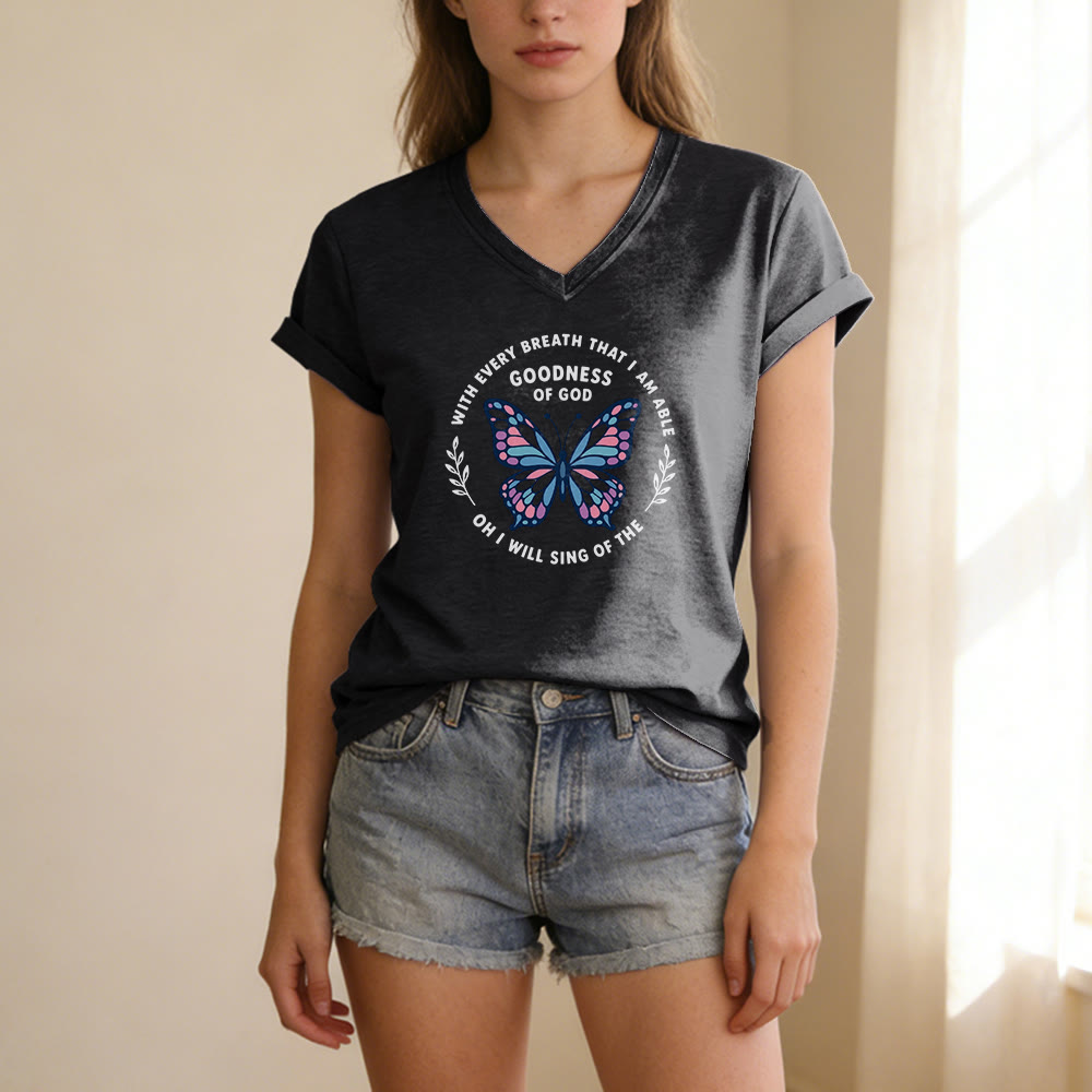 Christianartworkshop Besinge die Güte Gottes – Lässiges T-Shirt mit Schmetterlingsprint und V-Ausschnitt - image 15