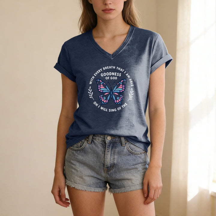 Christianartworkshop Besinge die Güte Gottes – Lässiges T-Shirt mit Schmetterlingsprint und V-Ausschnitt - image 19