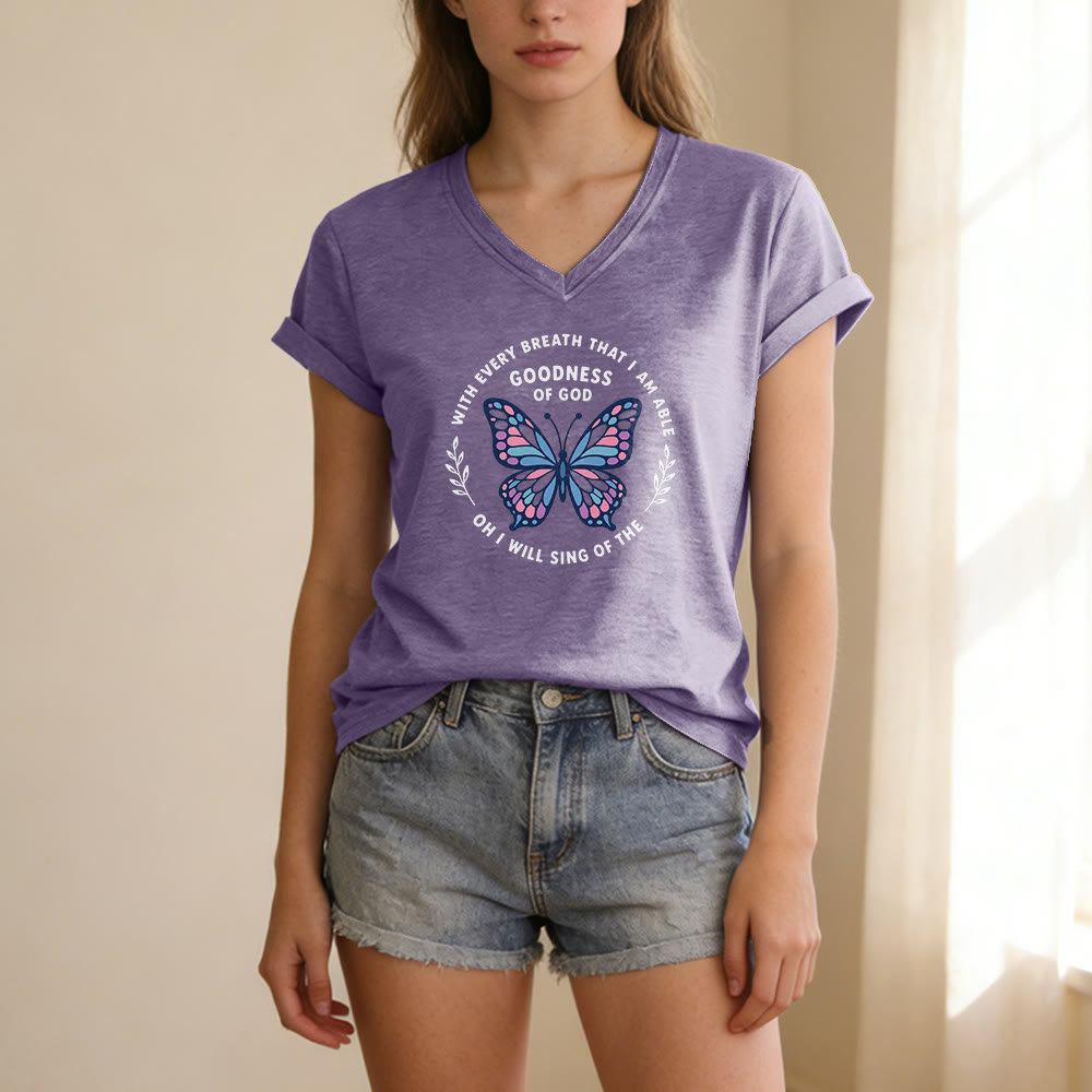 Christianartworkshop Besinge die Güte Gottes – Lässiges T-Shirt mit Schmetterlingsprint und V-Ausschnitt - image 1