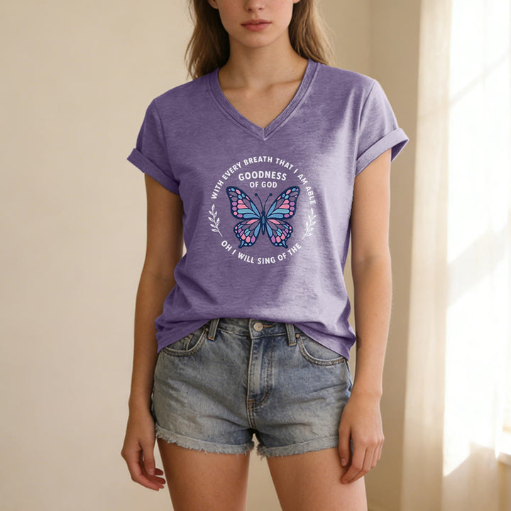Christianartworkshop Besinge die Güte Gottes – Lässiges T-Shirt mit Schmetterlingsprint und V-Ausschnitt - image 1
