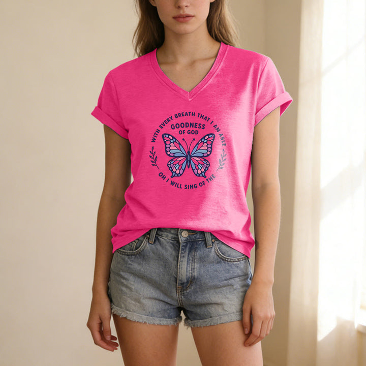 Christianartworkshop Besinge die Güte Gottes – Lässiges T-Shirt mit Schmetterlingsprint und V-Ausschnitt - image 25