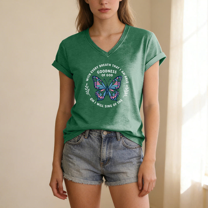 Christianartworkshop Besinge die Güte Gottes – Lässiges T-Shirt mit Schmetterlingsprint und V-Ausschnitt - image 17