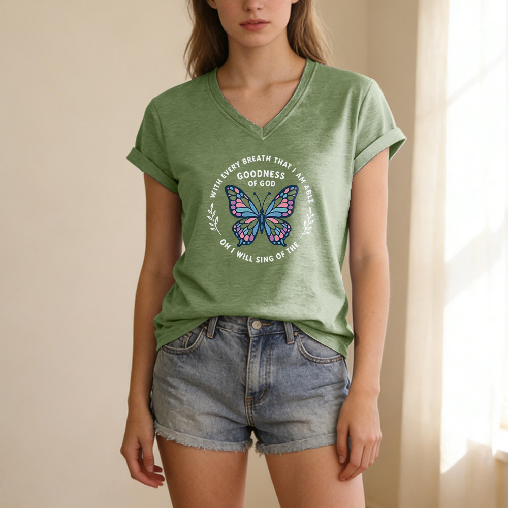 Christianartworkshop Besinge die Güte Gottes – Lässiges T-Shirt mit Schmetterlingsprint und V-Ausschnitt - image 7