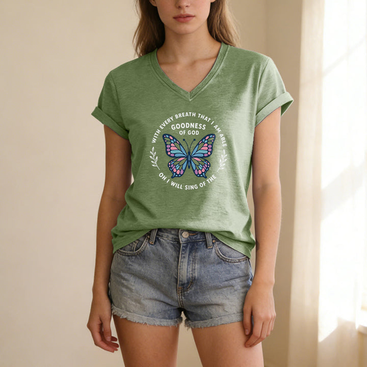 Christianartworkshop Besinge die Güte Gottes – Lässiges T-Shirt mit Schmetterlingsprint und V-Ausschnitt - image 7