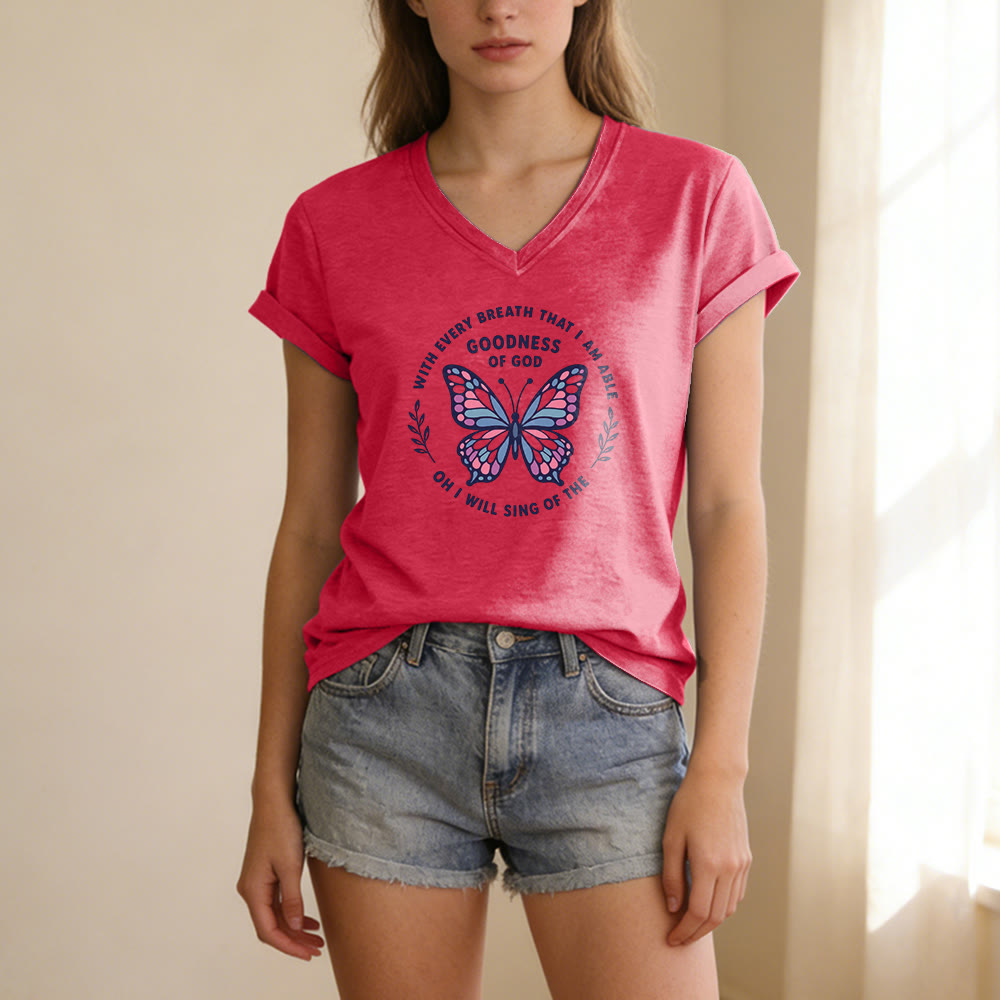 Christianartworkshop Besinge die Güte Gottes – Lässiges T-Shirt mit Schmetterlingsprint und V-Ausschnitt - image 23