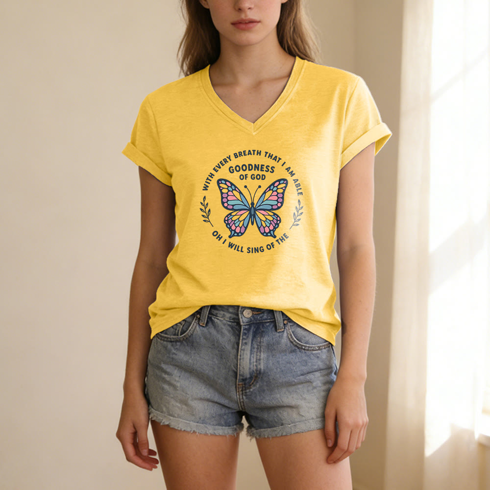 Christianartworkshop Besinge die Güte Gottes – Lässiges T-Shirt mit Schmetterlingsprint und V-Ausschnitt - image 5