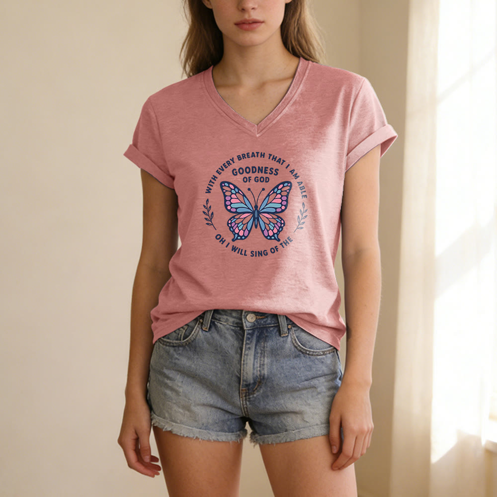Christianartworkshop Besinge die Güte Gottes – Lässiges T-Shirt mit Schmetterlingsprint und V-Ausschnitt - image 13