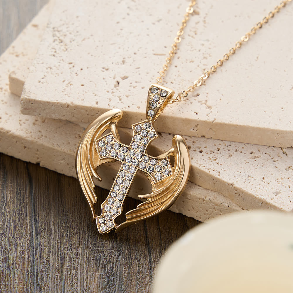 Christianartworkshop Goldfarbene Engelsflügel-Kreuz-Halskette mit Zirkonia-Steinen: Ein Symbol göttlichen Schutzes - image 1