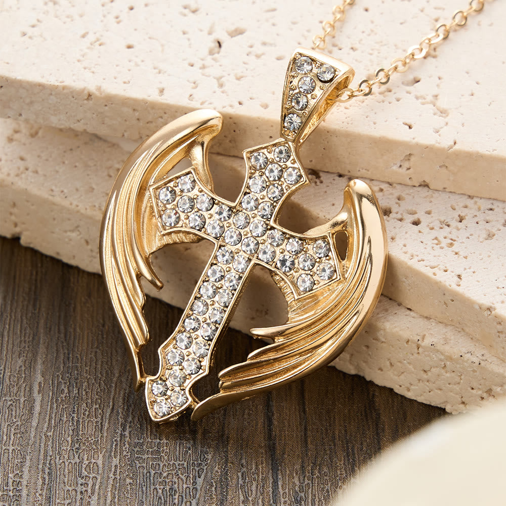 Christianartworkshop Goldfarbene Engelsflügel-Kreuz-Halskette mit Zirkonia-Steinen: Ein Symbol göttlichen Schutzes - Flügel & Kreuz - image 0