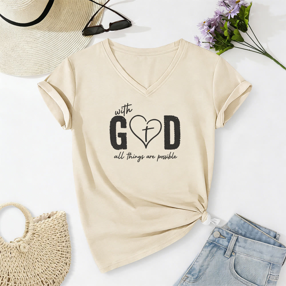 Christianartworkshop Mit Gott ist alles möglich – Lässiges T-Shirt mit Herz-Kreuz-Print und V-Ausschnitt - Beige - 2XL - image 0
