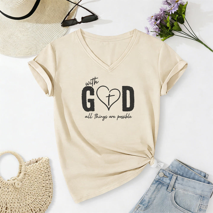 Christianartworkshop Mit Gott ist alles möglich – Lässiges T-Shirt mit Herz-Kreuz-Print und V-Ausschnitt - Beige - 2XL - image 0
