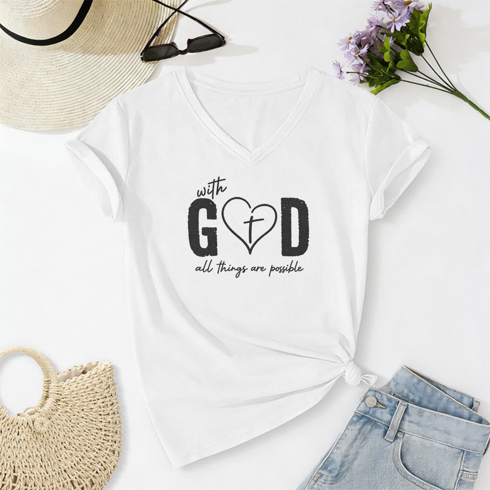 Christianartworkshop Mit Gott ist alles möglich – Lässiges T-Shirt mit Herz-Kreuz-Print und V-Ausschnitt - Weiß - 2XL - image 6