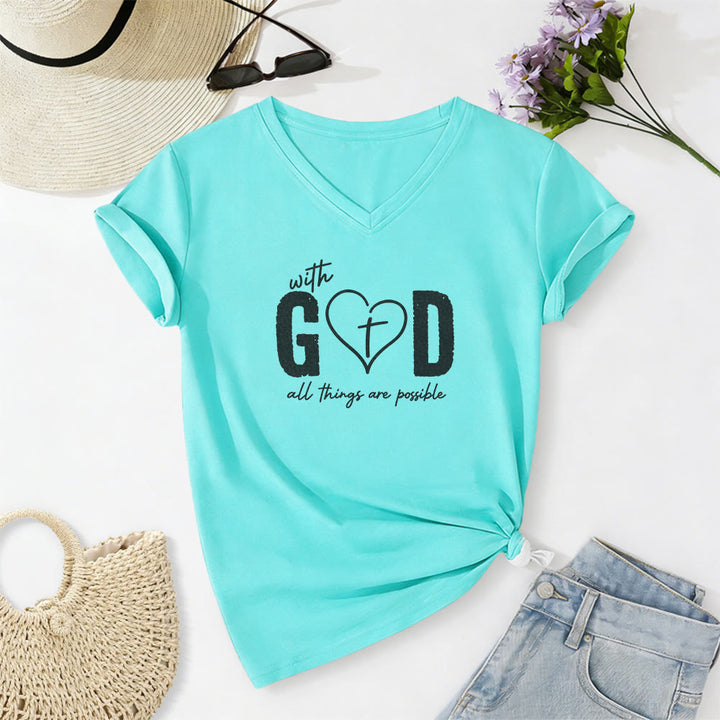 Christianartworkshop Mit Gott ist alles möglich – Lässiges T-Shirt mit Herz-Kreuz-Print und V-Ausschnitt - Himmelblau - 2XL - image 8