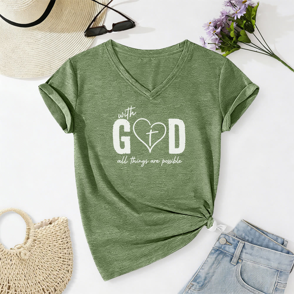 Christianartworkshop Mit Gott ist alles möglich – Lässiges T-Shirt mit Herz-Kreuz-Print und V-Ausschnitt - Olivgrün - 2XL - image 4