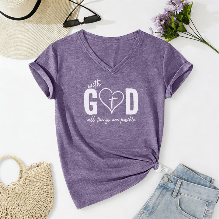 Christianartworkshop Mit Gott ist alles möglich – Lässiges T-Shirt mit Herz-Kreuz-Print und V-Ausschnitt - Lila - 2XL - image 16