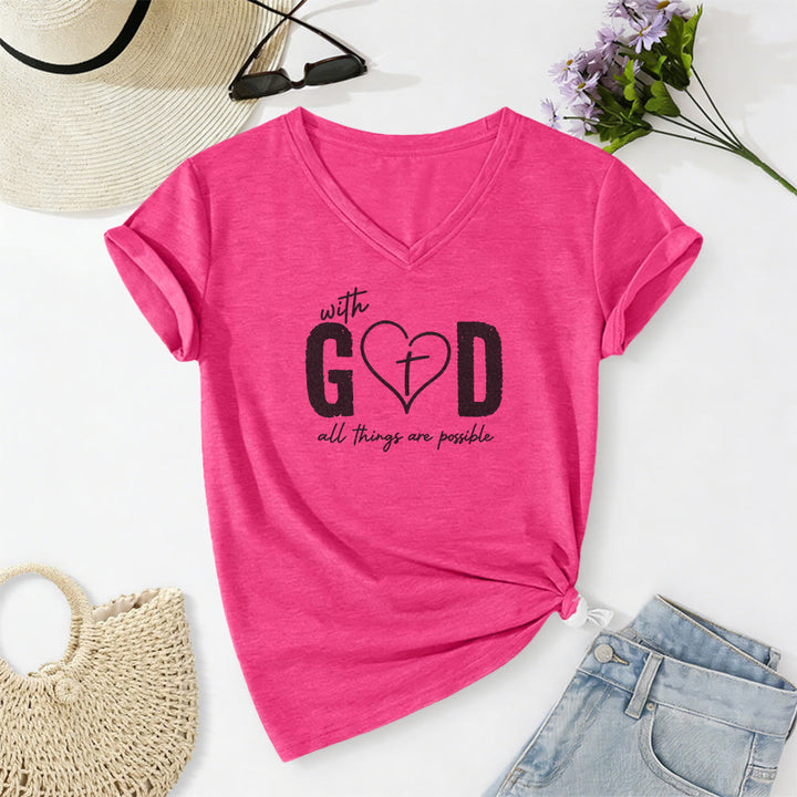 Christianartworkshop Mit Gott ist alles möglich – Lässiges T-Shirt mit Herz-Kreuz-Print und V-Ausschnitt - Rose - 2XL - image 24