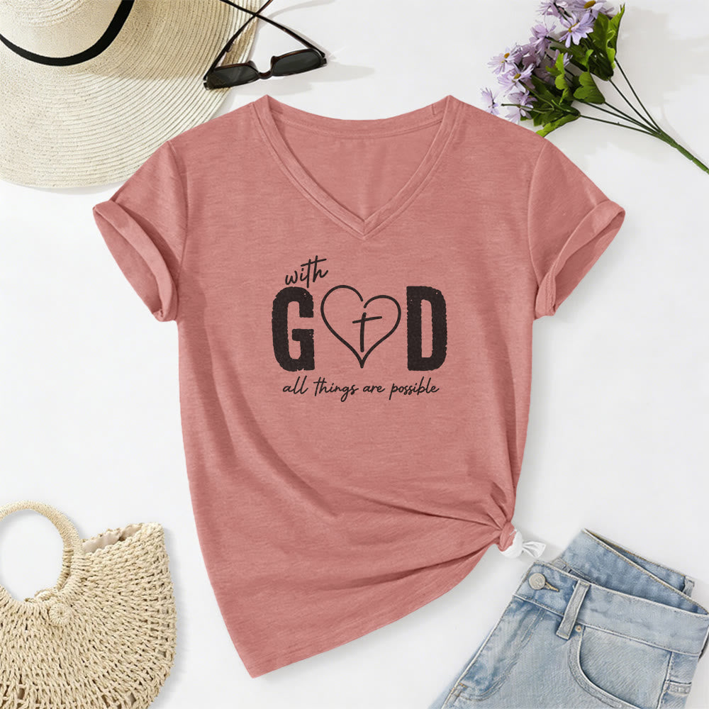 Christianartworkshop Mit Gott ist alles möglich – Lässiges T-Shirt mit Herz-Kreuz-Print und V-Ausschnitt - Hellrosa - 2XL - image 10