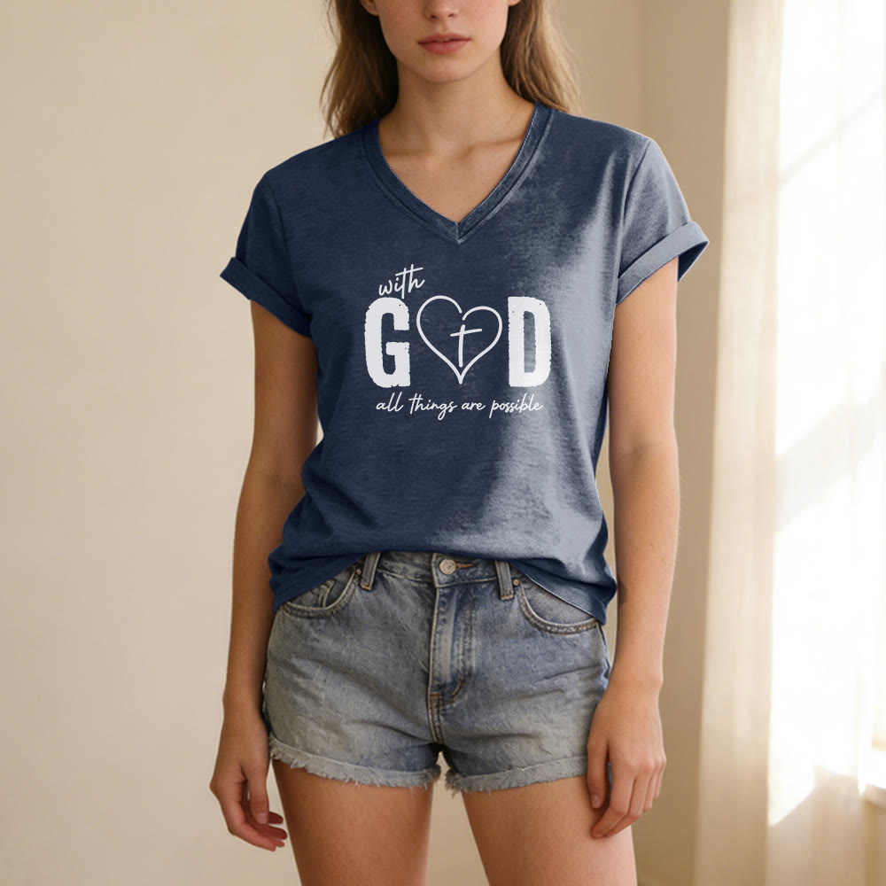 Christianartworkshop Mit Gott ist alles möglich – Lässiges T-Shirt mit Herz-Kreuz-Print und V-Ausschnitt - image 19