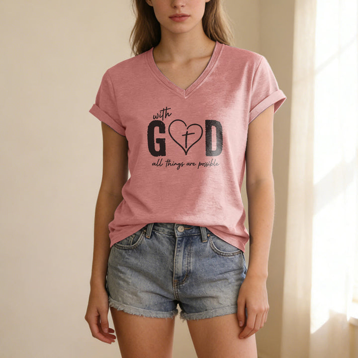 Christianartworkshop Mit Gott ist alles möglich – Lässiges T-Shirt mit Herz-Kreuz-Print und V-Ausschnitt - image 11