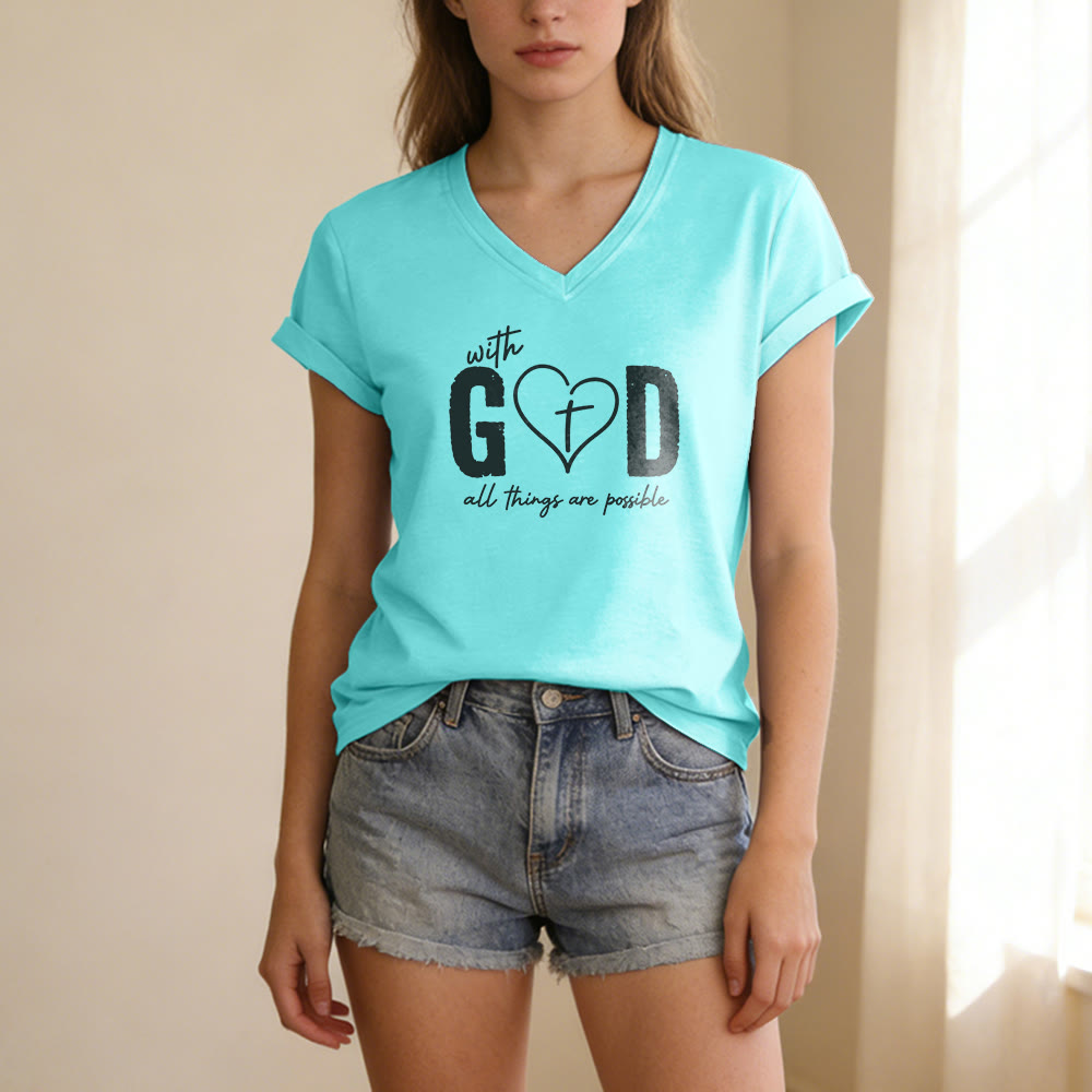 Christianartworkshop Mit Gott ist alles möglich – Lässiges T-Shirt mit Herz-Kreuz-Print und V-Ausschnitt - image 9