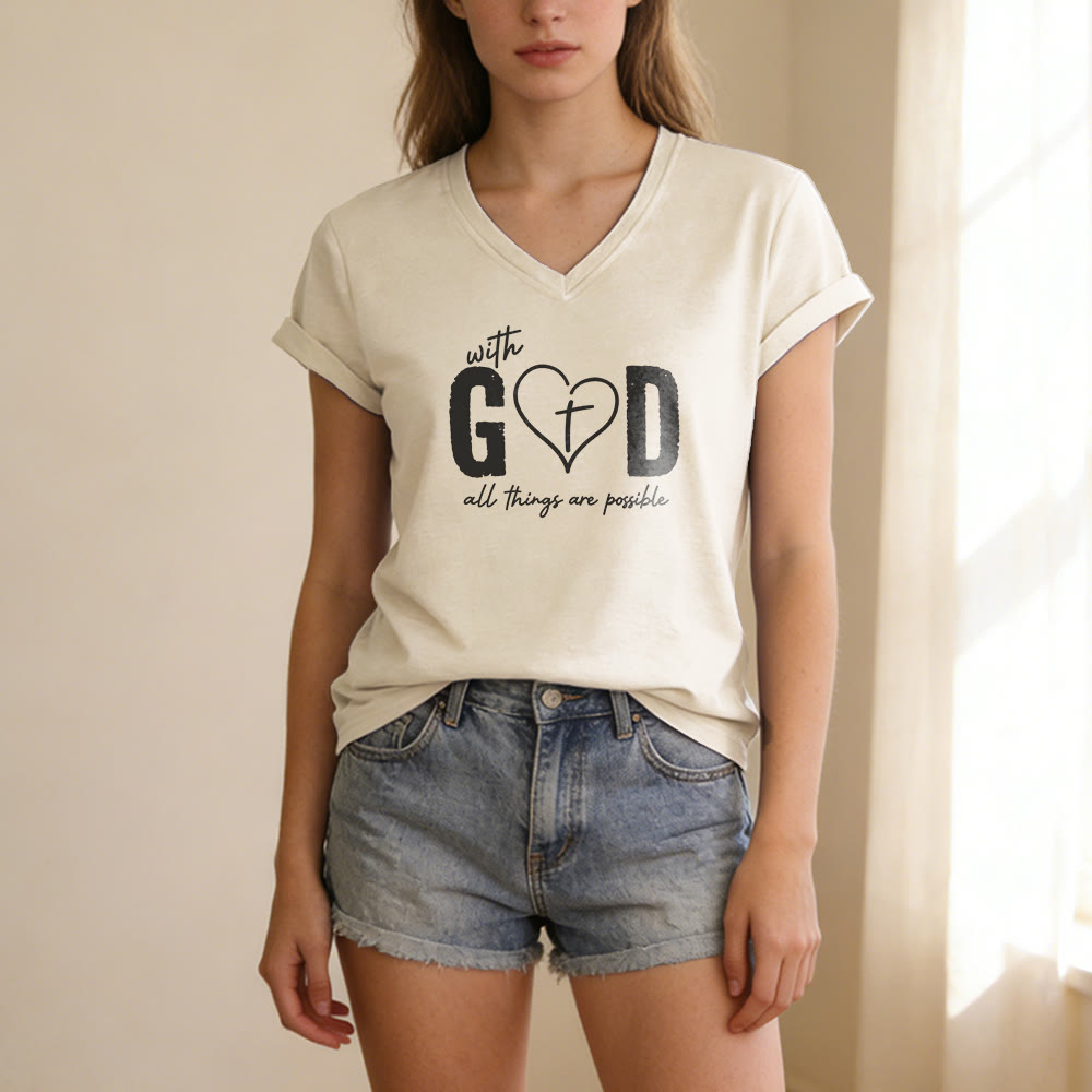 Christianartworkshop Mit Gott ist alles möglich – Lässiges T-Shirt mit Herz-Kreuz-Print und V-Ausschnitt - image 1