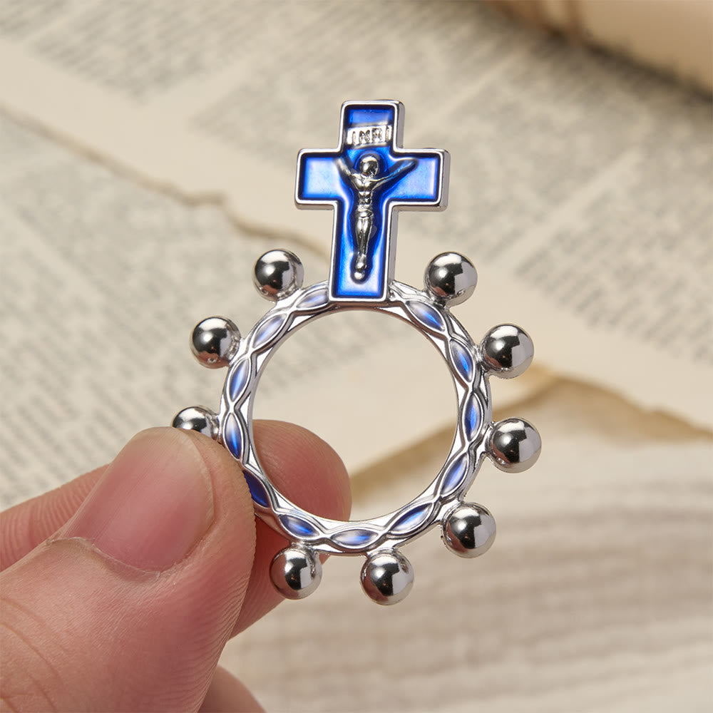 Christianartworkshop Rosenkranzring mit Kreuzmotiv, blauer Emaille und Perlenverzierungen (5er-Set/10er-Pack): Ein Symbol der Erlösung - Silber & Blau - Set mit 10 Stück - image 6