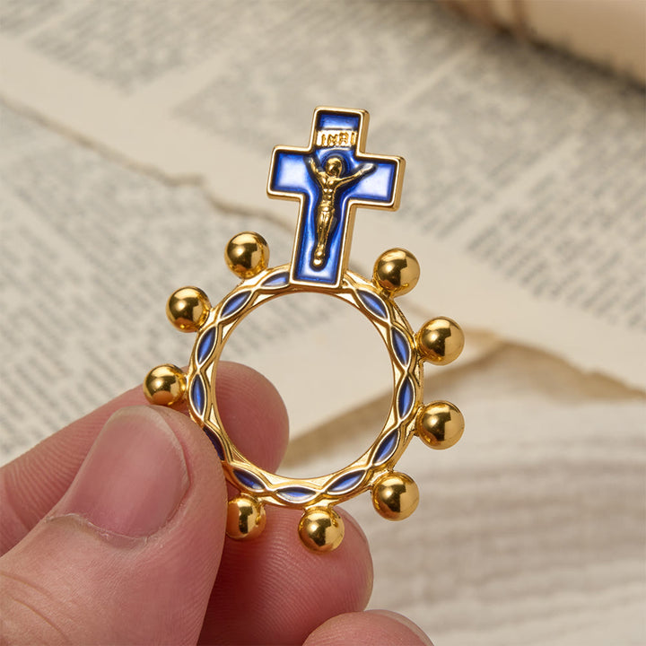 Christianartworkshop Rosenkranzring mit Kreuzmotiv, blauer Emaille und Perlenverzierungen (5er-Set/10er-Pack): Ein Symbol der Erlösung - Gold & Blau - Set mit 10 Stück - image 0