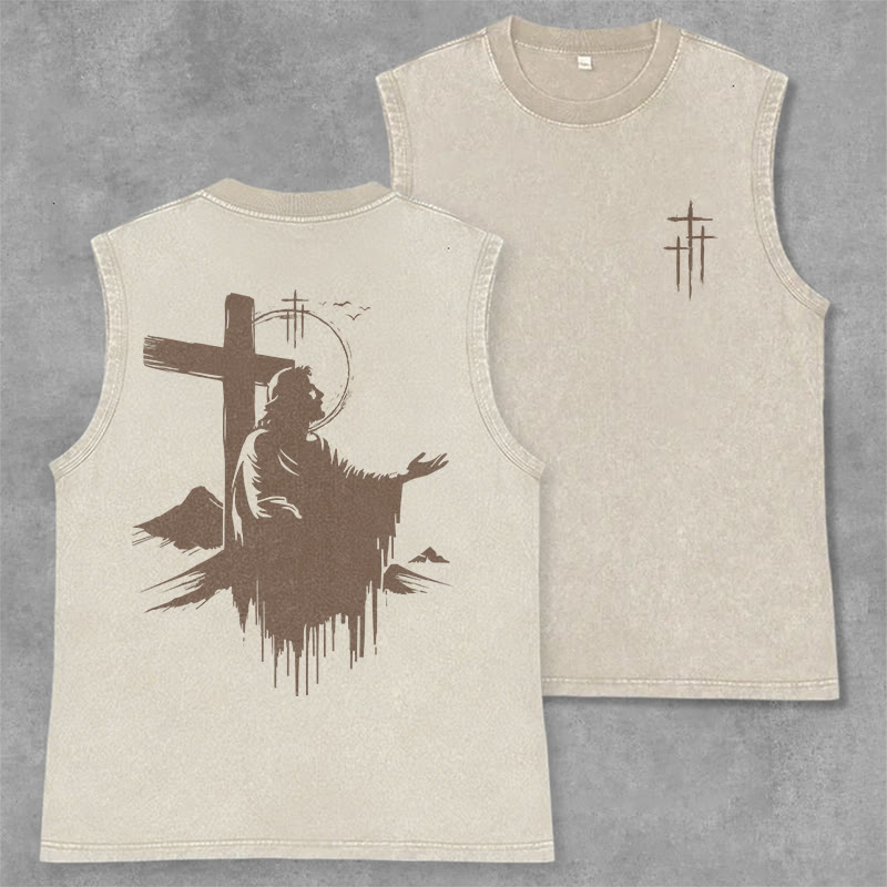 Christianartworkshop Jesus und Kreuz Bergsilhouette Vintage Washed Tank Top - Beige - 2XL - image 0