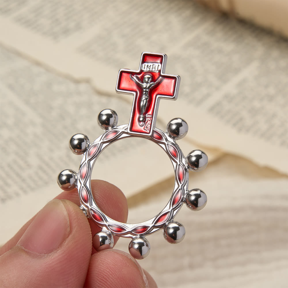 Christianartworkshop Rosenkranzring mit Kreuzmotiv, roter Emaille und Perlenverzierungen (5er-Set/10er-Pack): Ein Symbol der Erlösung - Silber & Rot - Set mit 10 Stück - image 0