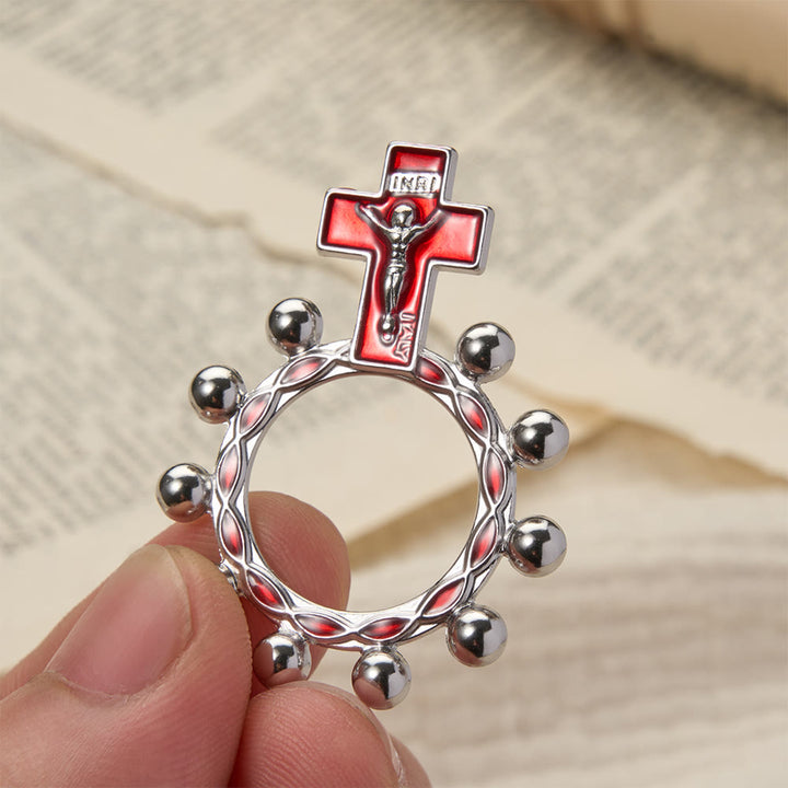Christianartworkshop Rosenkranzring mit Kreuzmotiv, roter Emaille und Perlenverzierungen (5er-Set/10er-Pack): Ein Symbol der Erlösung - Silber & Rot - Set mit 10 Stück - image 0