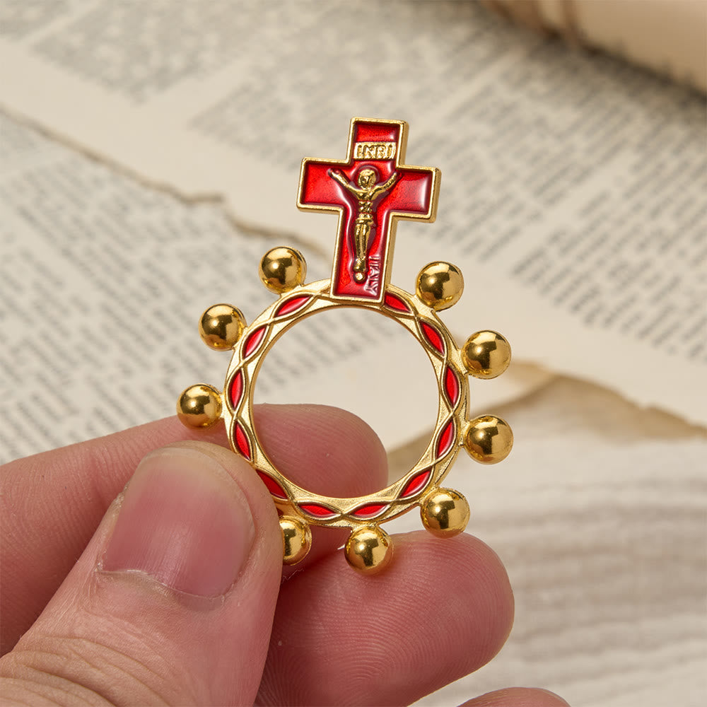 Christianartworkshop Rosenkranzring mit Kreuzmotiv, roter Emaille und Perlenverzierungen (5er-Set/10er-Pack): Ein Symbol der Erlösung - Goldgelb & Rot - Set mit 10 Stück - image 6