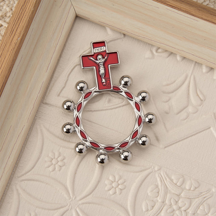 Christianartworkshop Rosenkranzring mit Kreuzmotiv, roter Emaille und Perlenverzierungen (5er-Set/10er-Pack): Ein Symbol der Erlösung - image 3
