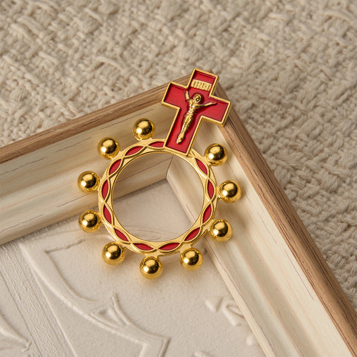 Christianartworkshop Rosenkranzring mit Kreuzmotiv, roter Emaille und Perlenverzierungen (5er-Set/10er-Pack): Ein Symbol der Erlösung - image 11