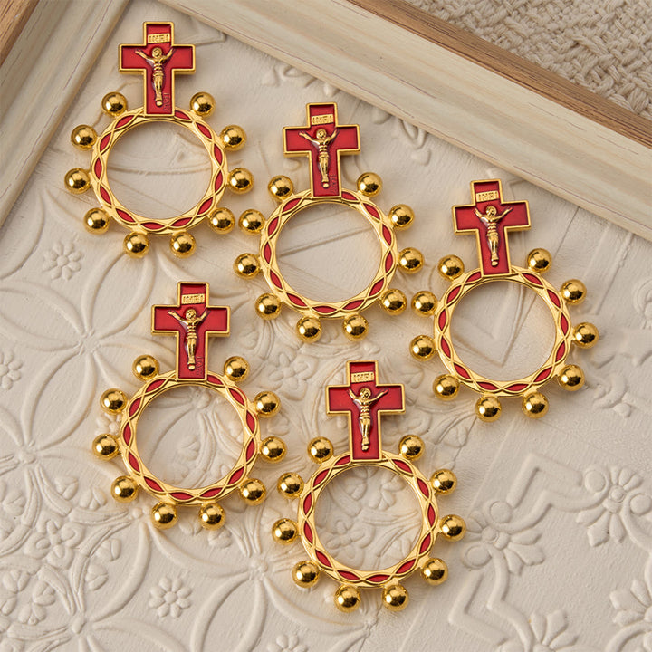 Christianartworkshop Rosenkranzring mit Kreuzmotiv, roter Emaille und Perlenverzierungen (5er-Set/10er-Pack): Ein Symbol der Erlösung - image 7