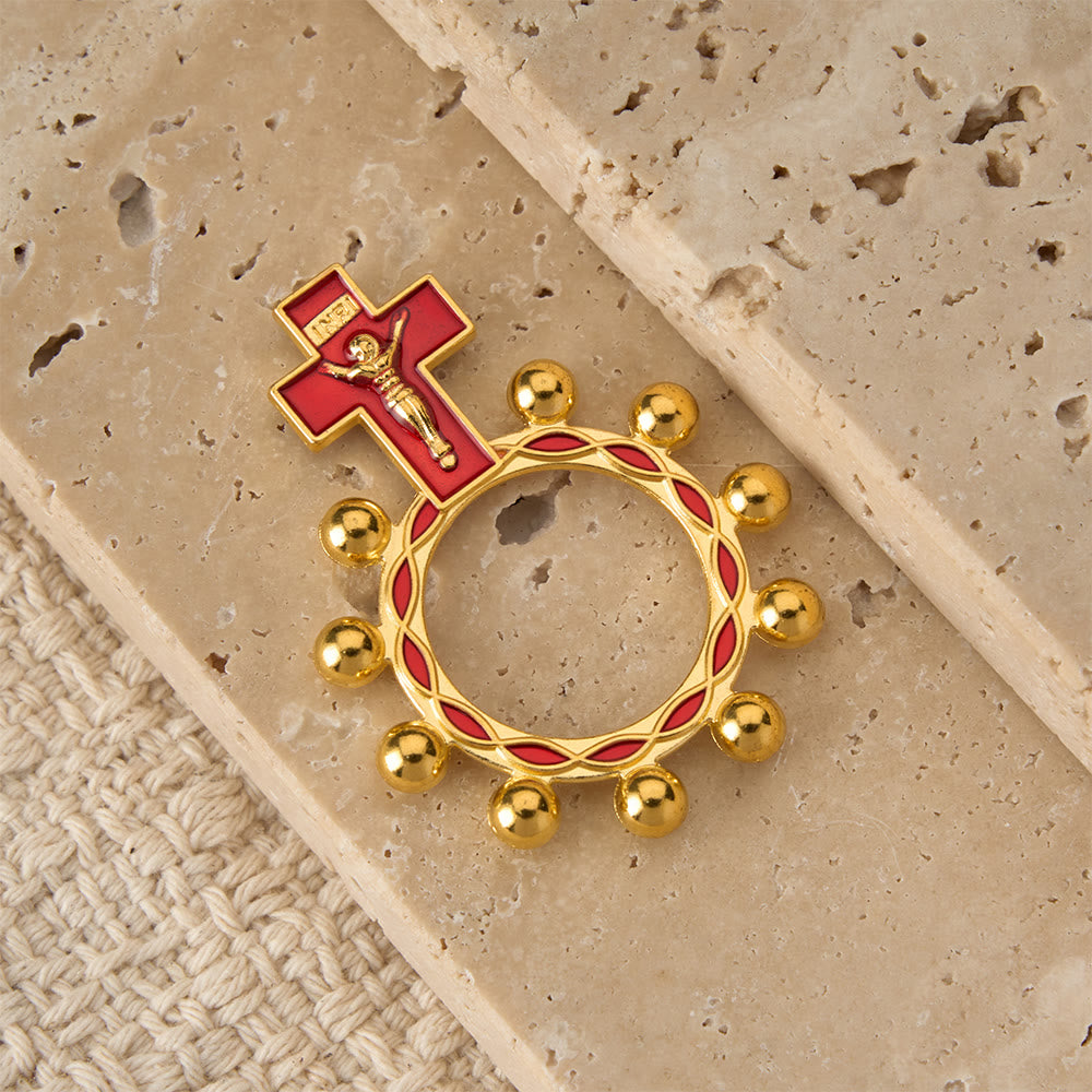 Christianartworkshop Rosenkranzring mit Kreuzmotiv, roter Emaille und Perlenverzierungen (5er-Set/10er-Pack): Ein Symbol der Erlösung - image 8
