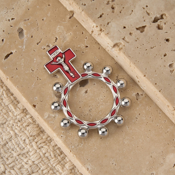 Christianartworkshop Rosenkranzring mit Kreuzmotiv, roter Emaille und Perlenverzierungen (5er-Set/10er-Pack): Ein Symbol der Erlösung - image 5
