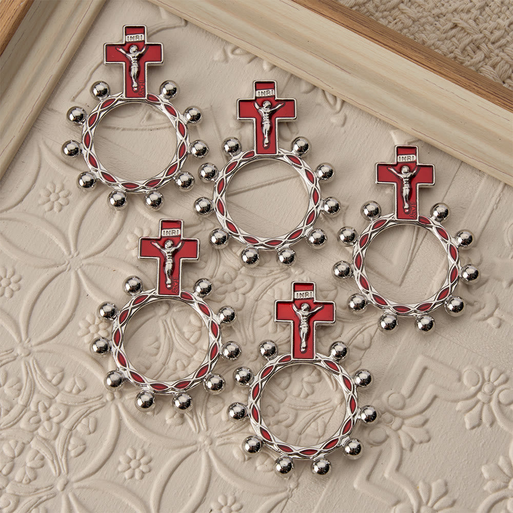 Christianartworkshop Rosenkranzring mit Kreuzmotiv, roter Emaille und Perlenverzierungen (5er-Set/10er-Pack): Ein Symbol der Erlösung - image 1