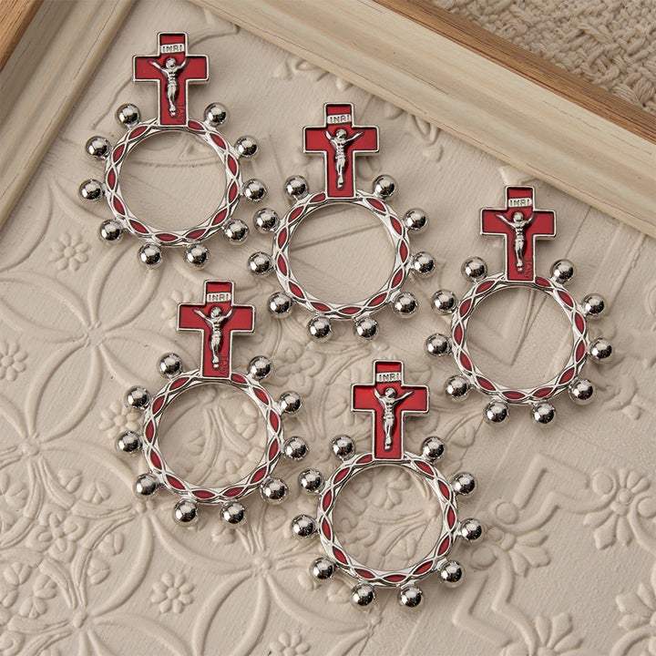 Christianartworkshop Rosenkranzring mit Kreuzmotiv, roter Emaille und Perlenverzierungen (5er-Set/10er-Pack): Ein Symbol der Erlösung - image 1
