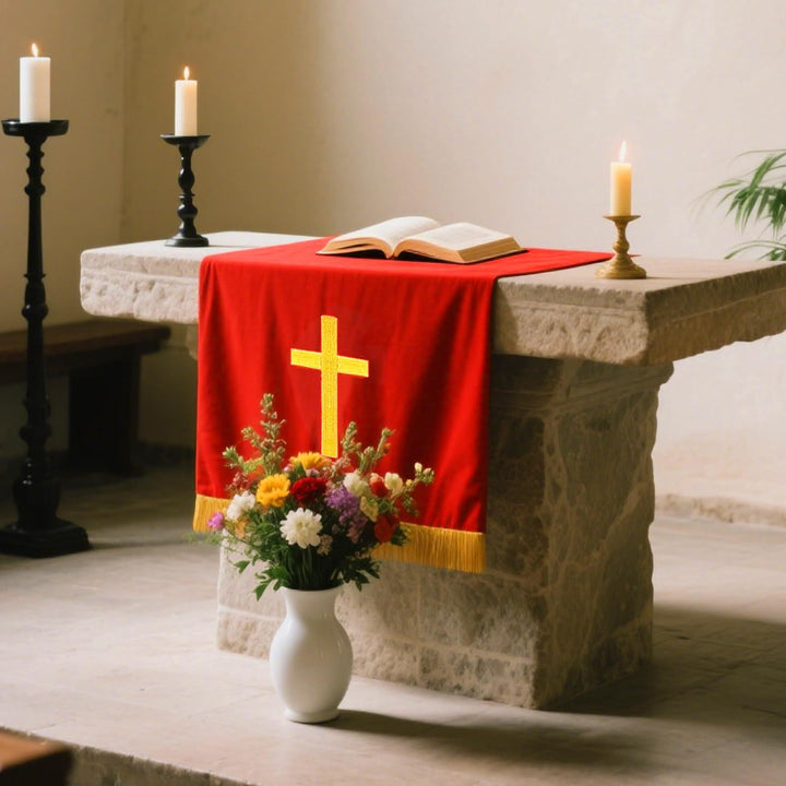 Christianartworkshop Komplettes Kirchenparament-Set: Tischläufer, Lesepulttuch und Bibellesezeichen in Rot und Weiß - image 0
