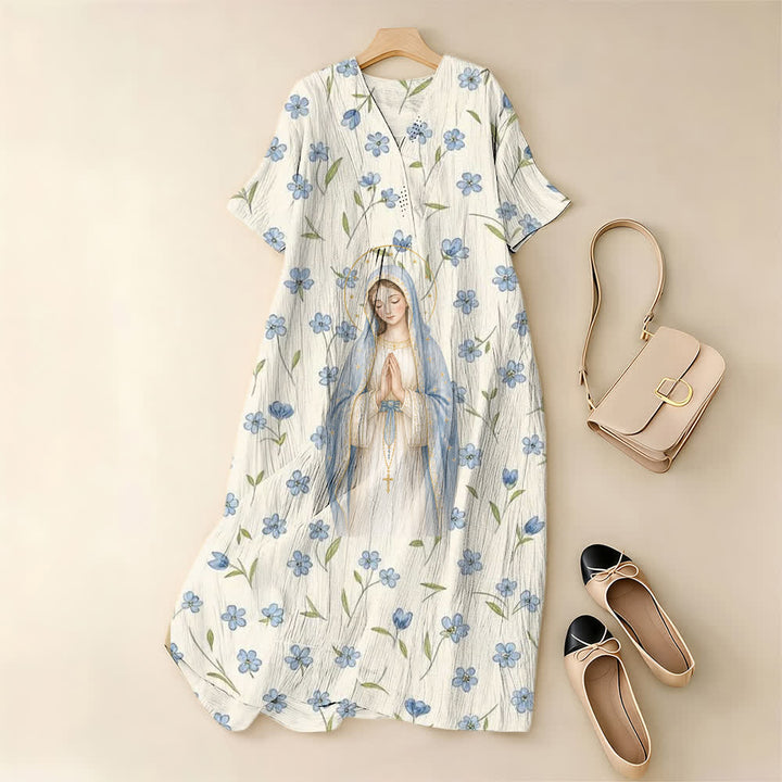 Christianartworkshop Weiches Aquarell-Midikleid mit Blumenmuster, V-Ausschnitt und kurzen Ärmeln, Our Lady-Stil - image 1