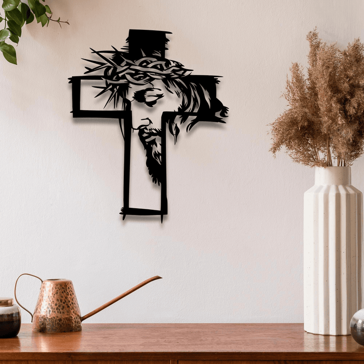 Christianartworkshop Kreuz mit Jesus und Dornenkrone – Wanddekoration aus Metall: Ein eindrucksvolles Symbol der Gnade - image 0