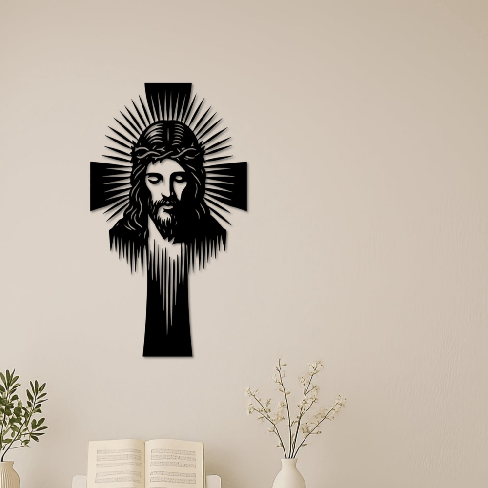 Christianartworkshop Strahlendes Jesuskreuz aus Metall als Wanddekoration: Ein Symbol göttlichen Lichts und göttlicher Gnade - image 1