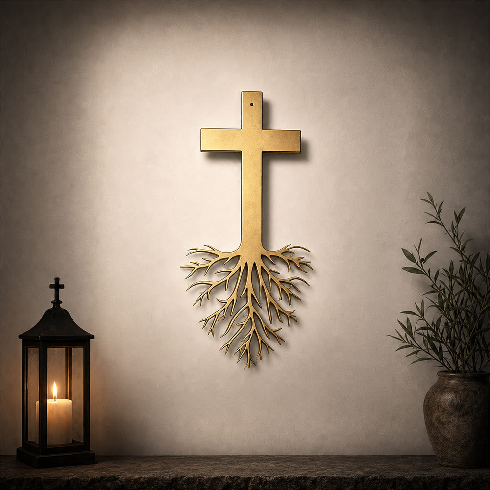 Christianartworkshop Modernes Kreuz mit Wurzeln als Wanddekoration aus Metall: Ein kraftvolles Zeichen wachsenden Glaubens - image 6