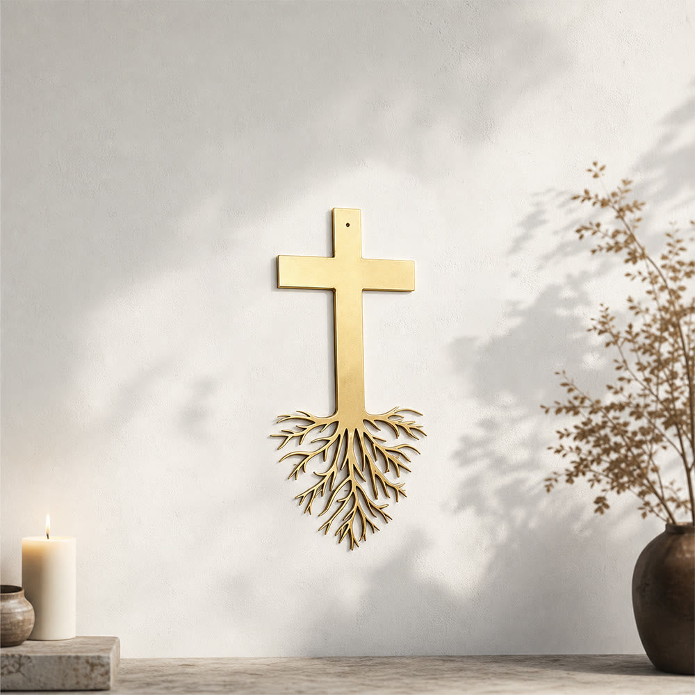 Christianartworkshop Modernes Kreuz mit Wurzeln als Wanddekoration aus Metall: Ein kraftvolles Zeichen wachsenden Glaubens - image 1
