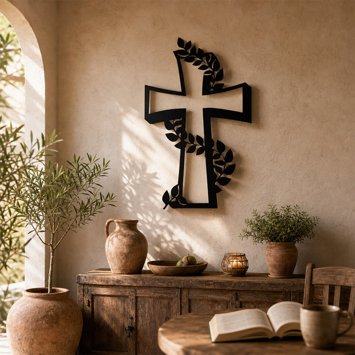 Christianartworkshop Modernes Kreuz mit Rankenmuster als Wanddekoration aus Metall: Ein kraftvolles Zeichen wachsenden Glaubens - image 1